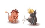  2boys animal_ears armor baggy_pants belt black_footwear blonde_hair boots buster_sword cloud_strife facial_mark final_fantasy final_fantasy_vii final_fantasy_vii_remake flame-tipped_tail full_body gamesuzume holding holding_plant looking_at_another male_focus multiple_belts multiple_boys orange_fur outstretched_hand pants plant red_hair red_xiii scar scar_across_eye short_hair shoulder_armor sitting sleeveless sleeveless_turtleneck spiked_hair squatting turtleneck weapon weapon_on_back white_background 