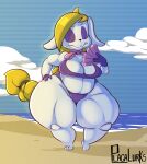  2022 anthro beach big_breasts bikini blonde_hair braided_hair braided_ponytail breasts broodal cleavage clothed clothing eyes_closed female folding_fan gloves hair hand_on_hip handwear hariet_(mario) hi_res huge_hips huge_thighs hyper hyper_hips hyper_thighs lagomorph leporid mammal mario_bros navel nintendo plaga ponytail rabbit seaside solo super_mario_odyssey swimwear thick_thighs video_games white_body wide_hips 