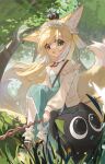  1girl :o absurdres animal_ears animal_on_head arknights black_cat blonde_hair blue_dress blue_hairband cat cat_on_head chino_(user_zdyd2447) day dress floating_hair forest fox_ears fox_girl fox_tail frilled_hairband frills grass green_eyes hair_down hairband highres holding holding_staff kitsune long_hair long_sleeves looking_at_viewer luoxiaohei multicolored_hair multiple_tails nature neck_ribbon official_alternate_costume on_head open_mouth outdoors red_ribbon ribbon sitting solo staff streaked_hair suzuran_(arknights) suzuran_(spring_praise)_(arknights) tail the_legend_of_luo_xiaohei tree triangle_mouth white_hair 