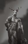  2022 5_fingers abs anthro antlers athletic athletic_anthro athletic_male axe balls biceps cervid cervine digital_media_(artwork) fingers foreskin fur genitals greyscale hi_res horn humanoid_hands looking_at_viewer male mammal marsonaut melee_weapon monochrome muscular muscular_anthro muscular_male muscular_thighs navel nipples nude pecs penis pose pubes signature smile solo standing weapon 