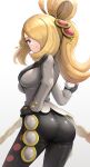  1girl absurdres ass black_gloves black_pants blonde_hair border breasts cosplay cynthia_(pokemon) gloves gonzarez grey_eyes grey_jacket hair_ornament hair_over_one_eye hand_on_hip highres holding holding_poke_ball jacket kommo-o kommo-o_(cosplay) long_hair long_sleeves official_alternate_costume official_alternate_hairstyle pants poke_ball pokemon pokemon_(game) pokemon_masters_ex simple_background solo tight tight_pants twisted_torso white_background 