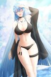  1girl 271 absurdres akame_ga_kill! arm_up bangs bikini black_bikini black_choker blue_eyes blue_hair blush breasts chest_tattoo choker cleavage esdeath hair_between_eyes highres large_breasts long_hair navel off_shoulder one_eye_closed solo stomach swimsuit tattoo very_long_hair 