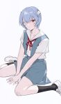  1girl aiko_(kanl) ayanami_rei bandage_over_one_eye bandages bandaid bandaid_on_arm bandaid_on_hand bangs black_socks blood blood_on_bandages blue_hair blue_skirt blue_vest bow bowtie breasts buttons closed_mouth collarbone collared_shirt grey_background grey_shirt hair_between_eyes highres looking_to_the_side medium_breasts neon_genesis_evangelion red_bow red_bowtie red_eyes shirt shoes short_hair short_sleeves simple_background sitting skirt sneakers socks solo vest white_footwear 