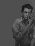  1boy cigarette glasses greyscale hair_slicked_back holding holding_cigarette looking_up male_focus monochrome original round_eyewear smoke smoking solo tomono_rui 