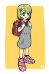  1girl backpack bag bangs black_shirt black_socks blue_eyes commentary_request dress green_hair grey_dress long_hair muu_(mumumer) original pink_footwear randoseru shirt shoes short_sleeves sleeveless sleeveless_dress socks solo two-tone_background white_background yellow_background yunomiya_agari 