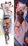  1girl animal_ears arknights arm_up armpits arms_up ass_visible_through_thighs bangs bed_sheet black_gloves breasts carnelian_(arknights) carnelian_(shining_dew)_(arknights) closed_mouth coat dakimakura_(medium) dark-skinned_female dark_skin from_above full_body gloves goat_ears goat_girl goat_horns grey_hair highres horns infection_monitor_(arknights) large_breasts long_sleeves looking_at_viewer lying multiple_views navel official_alternate_costume on_back open_clothes open_coat pillow red_eyes sheet_grab short_hair smile stomach tassel thighlet white_coat z.taiga 