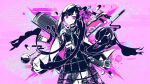  1girl black_dress black_hair character_request dress flower hair_flower hair_ornament highres long_hair looking_at_viewer nou_(nounknown) open_mouth pink_background pink_flower pink_theme purple_eyes solo symbol-shaped_pupils venom_(vocaloid) wagakki_band x-shaped_pupils 
