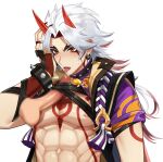  2boys abs arataki_itto black_nails blur_censor blush bodypaint censored choker disembodied_penis ear_piercing erection facepaint fang fellatio fingerless_gloves genshin_impact gloves hand_on_own_head highres horns japanese_clothes licking licking_penis long_hair male_focus multicolored_hair multiple_boys muscular muscular_male nail_polish nipples oral parted_lips pectorals penis piercing pinchi red_eyes red_hair saliva simple_background solo_focus spiked_choker spikes sweat tassel thick_eyebrows white_background white_hair yaoi 