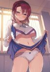  1girl blush breasts brown_hair clothes_lift highres indoors ishizaka_ryuudai large_breasts lifted_by_self looking_at_viewer navel original panties red_eyes red_hair skirt skirt_lift smile solo underwear 
