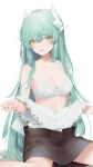  1girl bangs blush breasts dmith dragon_girl dragon_horns fate/grand_order fate_(series) green_hair highres horns kiyohime_(fate) long_hair looking_at_viewer medium_breasts multiple_horns open_mouth smile solo thighs yellow_eyes 