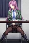  1girl blush boots chair daiaru eiyuu_densetsu highres jacket kuro_no_kiseki lifted_by_self long_hair looking_at_viewer necktie open_mouth panties panty_lift pantyhose purple_hair renne_(eiyuu_densetsu) school_uniform sitting skirt smile solo table underwear yellow_eyes 