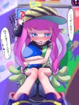  1girl baseball_cap black_shirt blue_eyes blue_footwear blush clownfish drooling gradient_hair green_hair green_skirt harmony&#039;s_clownfish_(splatoon) harmony_(splatoon) hat highres legs long_hair low-tied_long_hair miniskirt multicolored_hair object_hug open_mouth pink_hair shirt shoes short_sleeves sitting skirt splatoon_(series) splatoon_3 stool striped striped_headwear stuffed_toy t-shirt tama_nya tentacle_hair thighs two-tone_hair 