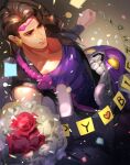  1boy at4190_(user_vzac7788) black_jacket bouquet brown_hair closed_mouth confetti cream_(stand) flower happy_birthday holding holding_bouquet jacket jojo_no_kimyou_na_bouken leotard long_hair male_focus muscular muscular_male purple_leotard red_eyes red_flower red_rose rose sleeveless solo stand_(jojo) stardust_crusaders white_flower white_rose 