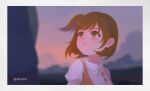  1boy 1girl artist_name blurry blurry_background blurry_foreground brown_hair colin_reeds faye_(finding_paradise) finding_paradise green_eyes highres looking_at_another outdoors parion short_ponytail side_ponytail twilight upper_body 