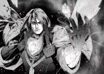  1boy armor black_sclera bloodstone_taric colored_sclera derivative_work greyscale inkmaru league_of_legends long_hair looking_at_viewer male_focus mixed-language_commentary monochrome screencap_redraw sparkle taric upper_body 