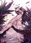  1girl albedo_(overlord) arms_behind_back artist_logo ass bare_shoulders barefoot black_feathers black_hair bound bound_arms bound_wrists breasts butt_crack demon_girl demon_horns demon_wings dress feathered_wings feathers gloves highres horns large_breasts long_hair looking_at_viewer low_wings nekomimipunks overlord_(maruyama) parted_lips revealing_clothes sideboob soles solo white_dress white_gloves wings yellow_eyes 