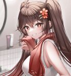  1girl alternate_costume bangs bare_shoulders bathroom blurry blush breasts brown_hair crossed_bangs depth_of_field fang flower flower-shaped_pupils genshin_impact gradient_hair grin hair_between_eyes hair_flower hair_ornament hairclip highres hu_tao_(genshin_impact) indoors long_hair looking_at_viewer medium_breasts multicolored_hair parted_lips plum_blossoms red_eyes red_flower shirt sidelocks sleeveless smile solo symbol-shaped_pupils teeth tile_wall tiles towel towel_around_neck twintails upper_body wet white_shirt wol_(wol_927) 