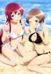  2girls absurdres beach bikini black_bikini breasts brown_hair cleavage food hair_ornament hairclip hataraku_maou-sama! highres ice_cream long_hair looking_at_view magazine_scan medium_breasts megami_magazine multiple_girls ocean official_art one_eye_closed outdoors red_hair sand scan short_hair swimsuit thighs tongue tongue_out water white_bikini yusa_emi 