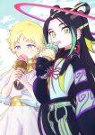  2boys absurdres aqua_shirt bangs black_gloves black_hair black_pants blonde_hair blue_eyes bright_pupils cloud cowboy_shot day ear_piercing earrings eating eyeshadow fate/grand_order fate_(series) food gloves green_belt green_eyes green_hair hair_rings halo highres holding holding_food ice_cream_cone jewelry long_hair looking_at_object looking_at_viewer makeup male_child male_focus multicolored_hair multiple_boys o-ring pants parted_bangs piercing red_eyeshadow sash scarf shirt short_hair shrug_(clothing) streaked_hair taisui_xingjun_(fate) tongue tongue_out tunic two_side_up voyager_(fate) white_pupils white_tunic yellow_sash yellow_scarf yoi_(207342) 