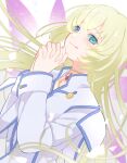  1girl arime_hotaru bangs blonde_hair blue_eyes blush choker colette_brunel highres jacket long_hair long_sleeves looking_at_viewer own_hands_clasped own_hands_together sleeve_cuffs smile solo tales_of_(series) tales_of_symphonia 