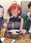  1boy 2girls 92m absurdres ahoge alcohol bangs bare_shoulders beer black_sweater blue_eyes blue_hair blue_nails blush bralines breasts chopsticks cup dateko drinking_glass dumpling food full-face_blush glasses grin highres holding holding_chopsticks holding_cup holding_spoon jewelry jiaozi kinshi_no_ane large_breasts looking_at_another multiple_girls necklace noodles open_mouth original pink_eyes ramen red-framed_eyewear red_hair semi-rimless_eyewear sleeveless sleeveless_sweater sleeveless_turtleneck smile solo_focus spoon sweater swept_bangs turtleneck upper_body 