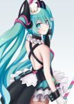  1girl adjusting_hair aqua_eyes aqua_hair aqua_skirt asymmetrical_sleeves back bangs bare_back bare_shoulders black_wrist_cuffs closed_mouth criss-cross_back-straps facepaint frilled_skirt frills from_behind gloves hair_between_eyes hair_ornament hat hatsune_miku highres holding long_hair looking_at_viewer looking_back magical_mirai_(vocaloid) magical_mirai_miku magical_mirai_miku_(2019) median_furrow mini_hat mini_top_hat miniskirt mismatched_sleeves neck_ruff nekoinu_bamboo simple_background skirt smile solo top_hat vocaloid white_background white_gloves 