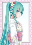  1girl aqua_hair aqua_nails bangs blue_eyes blue_sash blush floral_print flower from_side hair_between_eyes hair_flower hair_ornament hair_over_shoulder hand_on_own_chest hatsune_miku highres japanese_clothes kimono long_hair looking_to_the_side nekoinu_bamboo obi obijime parted_lips pink_sash print_kimono sash simple_background solo standing upper_body vocaloid white_background white_kimono 