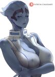  1girl alien araneesama asari bare_shoulders blue_eyes blue_lips blue_skin bodysuit breasts cleavage colored_skin covered_nipples crossed_arms highres large_breasts liara_t&#039;soni lipstick makeup mass_effect mass_effect_(series) medium_breasts nipples patreon_logo patreon_username simple_background solo standing weapon white_background 