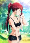  1girl absurdres bare_shoulders breasts hair_ornament hairclip highres kougi_hiroshi long_hair looking_away love_live! love_live!_school_idol_project love_live!_sunshine!! medium_breasts navel outdoors ponytail red_hair sakurauchi_riko shorts smile solo sweat towel yellow_eyes 