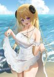  1girl beach blonde_hair blush breasts character_request clothes_lift dress highres horns large_breasts lifted_by_self long_hair looking_at_viewer ocean open_mouth original purple_eyes ri_qing smile solo thighs 