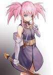  1girl absurdres an_skill belt blue_eyes boots closed_mouth elbow_gloves fingerless_gloves full_body gloves highres holding long_hair looking_at_viewer pink_hair presea_combatir simple_background solo tales_of_(series) tales_of_symphonia twintails weapon white_background 