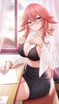  1girl absurdres alternate_costume animal_ears arayuki_(sakurafubuki) breasts cleavage floppy_ears fox_ears genshin_impact glasses highres long_hair pink_hair solo underwear yae_miko 