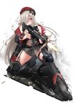  1girl absurdres assault_rifle bangs bare_shoulders beret black_footwear black_jacket black_shirt black_thighhighs blush boots breasts casing_ejection commission crop_top cross firing full_body g36c_(girls&#039;_frontline) garter_straps german_flag girls&#039;_frontline grey_hair grey_skirt gun h&amp;k_g36c hair_ornament hair_over_one_eye hairclip hat highres holding holding_gun holding_weapon iron_cross jacket jacket_pull knee_pads long_hair long_sleeves looking_at_viewer magazine_(weapon) medium_breasts mod3_(girls&#039;_frontline) one_knee open_clothes open_jacket open_mouth pixiv_request red_eyes red_headwear rifle rynn_(rynn_cube) shell_casing shirt skirt solo thighhighs thighs weapon white_background 