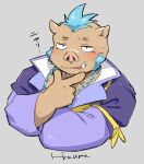  anthro blue_hair blush brown_body brown_fur bust_portrait fur gouryou hair hi_res hiraume42 jewelry lifewonders male mammal necklace portrait smile smug solo suid suina sus_(pig) tokyo_afterschool_summoners tusks video_games wild_boar 