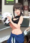  1girl black_hair blurry blurry_background blush breasts car cleavage fubuki_(kancolle) green_eyes ground_vehicle helmet highres holding holding_helmet ichikawa_feesu kantai_collection looking_at_viewer medium_breasts motor_vehicle navel open_mouth racing_suit short_hair short_ponytail smile solo 