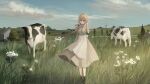  1girl animal apron black_footwear blue_eyes blue_sky brown_hair character_request chihuri closed_mouth cloud collared_dress commentary_request cow day dress field floating_hair flower grass grey_dress highres long_hair outdoors shoes sky smile solo tree very_long_hair vocaloid waist_apron white_apron white_flower windmill 