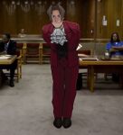 1boy ace_attorney arms_behind_back ascot bangs black_vest brown_hair formal full_body highres holding holding_paper indoors leaning_forward long_sleeves looking_at_viewer male_focus miles_edgeworth pants paper parody_request parted_bangs photo_background red_pants red_suit rini_(rinamata05) shoes short_hair smile smug solo_focus suit vest 