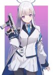  1girl blue_archive blue_necktie breasts collared_shirt formal grey_hair gun hair_between_eyes halo handgun headphones hetaren_(ramark) highres holding holding_gun holding_weapon id_card jacket large_breasts looking_at_viewer mechanical_halo necktie noa_(blue_archive) open_clothes open_jacket pantyhose pleated_skirt purple_eyes shirt simple_background skirt smile solo standing suit two-tone_background weapon white_jacket white_skirt white_suit 