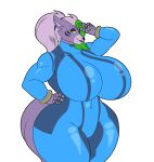 2022 4_fingers animatronic anthro big_breasts breasts canid canine canis curvy_figure facial_markings female fingers five_nights_at_freddy&#039;s five_nights_at_freddy&#039;s:_security_breach fur gesture hair hand_on_hip head_markings hi_res hourglass_figure huge_breasts lipstick lunis1992 machine makeup mammal markings metroid multicolored_hair navel_outline nintendo ponytail purple_body purple_fur robot roxanne_wolf_(fnaf) scottgames simple_background solo v_sign video_games voluptuous white_background wide_hips wolf yellow_eyes zero_suit 