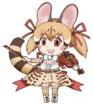  1girl animal_costume animal_ear_fluff animal_ears belt bow bow_(music) bowtie brown_eyes brown_hair cat_ears cat_girl cat_tail extra_ears hissaa_(hisser) holding holding_instrument instrument kemono_friends kemono_friends_v_project kneehighs large-spotted_genet_(kemono_friends) long_hair looking_at_viewer microphone multicolored_hair open_mouth ribbon shirt shoes simple_background skirt smile socks solo tail twintails violin virtual_youtuber 