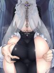  1girl aponia_(honkai_impact) ass ass_grab black_dress blurry blurry_background braid braided_ponytail breasts brown_hair dress from_behind grabbing_another&#039;s_ass groping honkai_(series) honkai_impact_3rd joosi large_breasts long_hair long_sleeves pelvic_curtain see-through solo_focus veil 