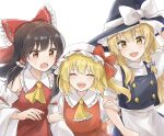  3girls :d :o ^_^ apron ascot bare_shoulders black_headwear black_skirt black_vest blonde_hair bow braid breasts brown_eyes brown_hair buttons chest_sarashi closed_eyes collared_shirt commentary_request detached_sleeves fang flandre_scarlet frilled_ascot frilled_bow frilled_shirt_collar frilled_skirt frills hair_bow hakurei_reimu happy hat hat_bow hat_ribbon kirisame_marisa long_hair long_sleeves medium_hair mob_cap multiple_girls open_mouth ponytail puffy_short_sleeves puffy_sleeves red_bow red_ribbon red_skirt red_vest reimu_tyuki ribbon sarashi shirt short_sleeves side_braid side_ponytail simple_background skirt skirt_set small_breasts smile sweatdrop touhou vest waist_apron white_apron white_background white_bow white_headwear white_shirt wide_sleeves witch witch_hat yellow_ascot 