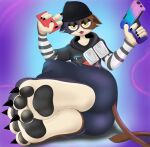  2022 3_toes 5_fingers absurd_res anthro barefoot black_beanie black_clothing black_hoodie black_topwear blue_bottomwear blue_clothing blue_pants bottomwear calico_cat cellphone clothing domestic_cat epic_games feet felid feline felis female fingers foot_focus fortnite gradient_background gun hi_res hoodie lidded_eyes looking_at_viewer mammal meow_skulls_(fortnite) mottled pants pawpads phone piebald plantigrade prismosis ranged_weapon simple_background smartphone solo toes topwear video_games weapon 