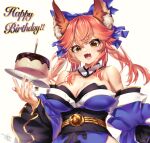 1girl acuma animal_ear_fluff animal_ears bangs birthday birthday_cake blue_bow blue_kimono blue_ribbon blush bow breasts cake candle cleavage collarbone detached_sleeves fang fate/grand_order fate_(series) food fox_ears fox_girl hair_ribbon happy_birthday highres japanese_clothes kimono large_breasts looking_at_viewer looking_down pink_hair ribbon signature simple_background solo split_ponytail tamamo_(fate) tamamo_no_mae_(fate/extra) white_background yellow_eyes 