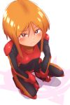  1girl absurdres black_bodysuit blush bodysuit bright_pupils from_above gloves gundam gundam_zz highres looking_at_viewer looking_back onimaru_(onimal7802) orange_hair pilot_suit purple_eyes puru_two red_gloves short_hair skin_tight solo squatting white_pupils 