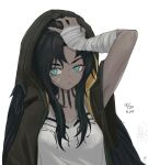  1girl 1other absurdres arknights arm_up bandaged_arm bandages bandaid bandaid_on_cheek bandaid_on_face black_hair black_nails blue_eyes commentary_request doctor_(arknights) dokonjou_(odossan) flint_(arknights) hand_on_own_head highres hood long_hair looking_at_viewer nail_polish shirt simple_background upper_body white_background white_shirt 