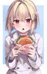  1girl :o absurdres arcueid_brunestud bangs blonde_hair blush border burger buttons commentary_request fingernails food hair_between_eyes highres holding holding_food jacket kashuu_(pixiv_66328082) long_sleeves looking_at_viewer official_alternate_costume outside_border red_eyes short_hair simple_background single_hair_intake solo tsukihime tsukihime_(remake) upper_body white_border white_jacket 