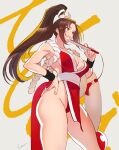  1girl bare_shoulders breasts brown_eyes brown_hair cleavage commentary fatal_fury folding_fan grin hand_fan hand_on_hip high_ponytail highres japanese_clothes large_breasts long_hair ninja pelvic_curtain ponytail revealing_clothes shiranui_mai smile solo sumustard the_king_of_fighters thighs 