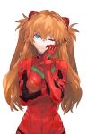  1girl ;( bangs blue_eyes bodysuit breasts brown_hair closed_mouth frown hair_between_eyes headgear highres krauser_(kyuinkyuin777v) long_hair looking_at_viewer neon_genesis_evangelion plugsuit red_bodysuit simple_background small_breasts solo souryuu_asuka_langley upper_body very_long_hair white_background 