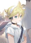  1boy aqua_eyes bass_clef blonde_hair bloom blurry blurry_foreground casual commentary crowd drawstring faceless faceless_female glowing grey_hoodie headphones highres holding holding_own_arm holding_phone hood hoodie kagamine_len kagamine_len_(append) male_focus naoko_(naonocoto) outdoors parted_lips pendant_choker phone short_ponytail sound_wave spiked_hair upper_body vocaloid vocaloid_append yellow_nails 